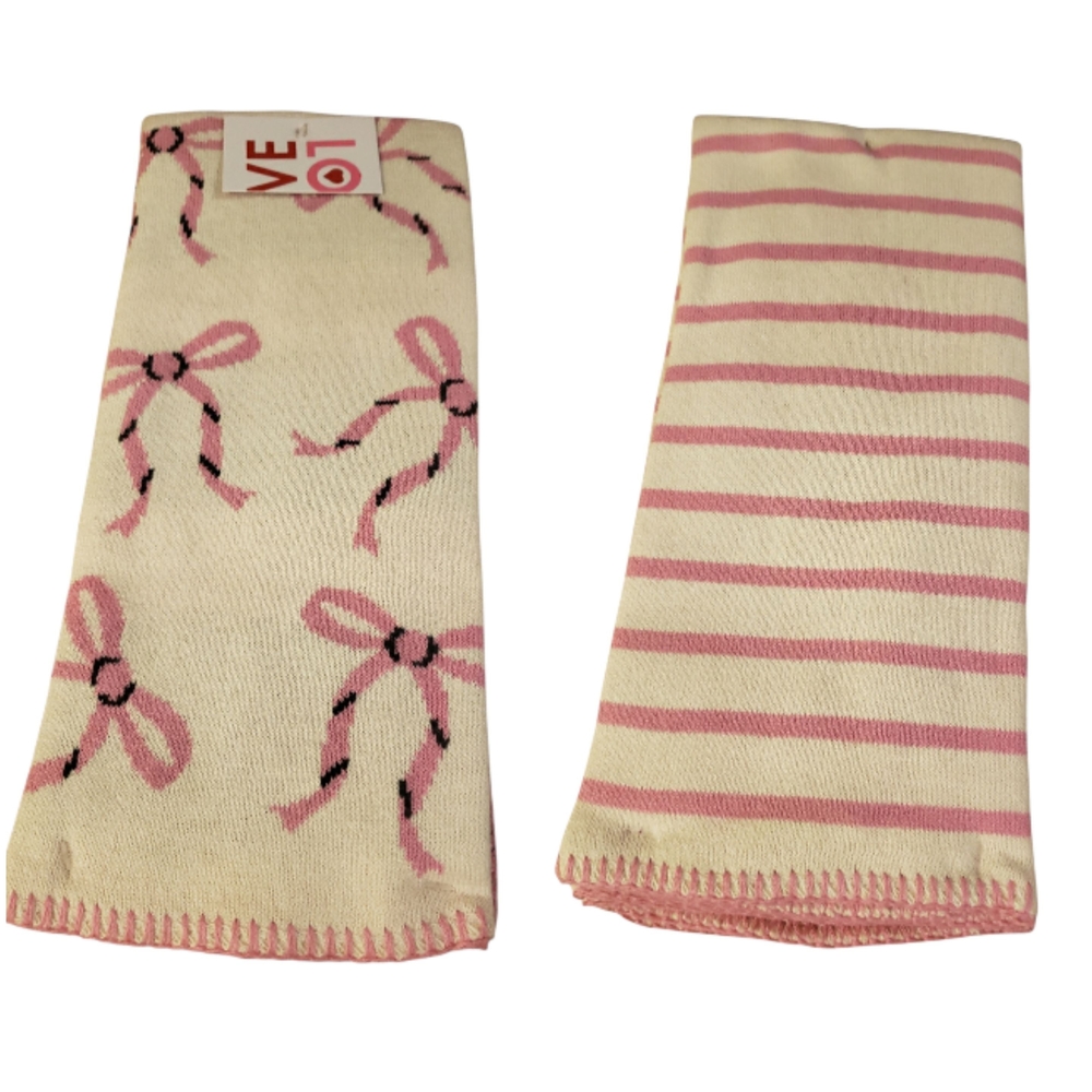 NWT! Bows & Stripes Pink & Cream Kitchen Towels Set